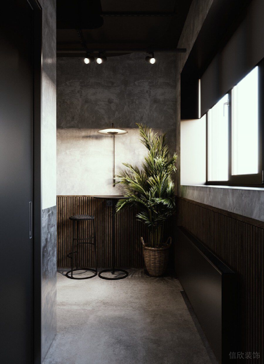 暗色休息區裝修設計辦公室過道拐角處裝修