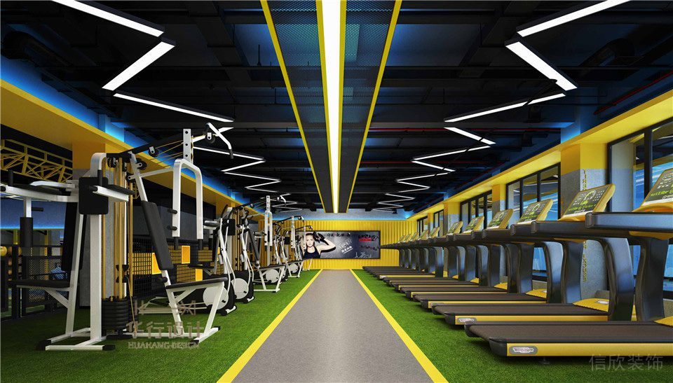 紅色直線線條引導(dǎo)健身房力量區(qū)草坪裝修設(shè)計效果圖