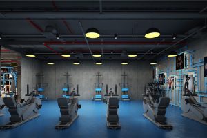 動感單車訓(xùn)練管道創(chuàng)意墻體弧線曲折設(shè)計天花鏤空吊頂健身房