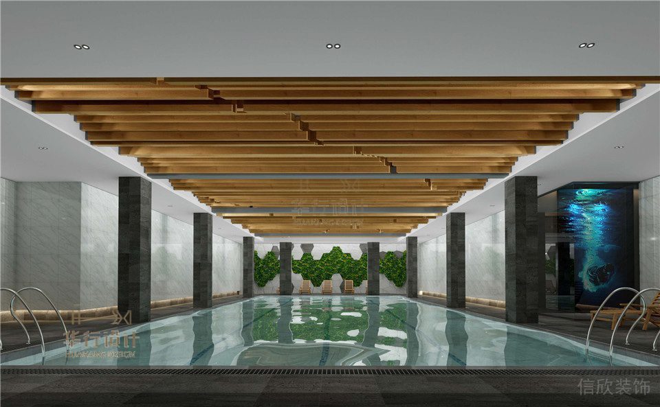 游泳池裝修設計現(xiàn)代簡約風墻柱黑白色調(diào)設計木質(zhì)天花