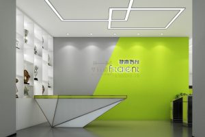 健康傳奇撞色形象版前臺區(qū)幾何造型不規(guī)則工作桌設(shè)計