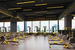 單車木質(zhì)地板現(xiàn)代天花射燈設(shè)計落地窗健身房