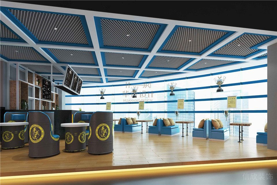 天花格子金屬板武術培訓機構(gòu)地臺木質(zhì)休息區(qū)裝修設計效果圖