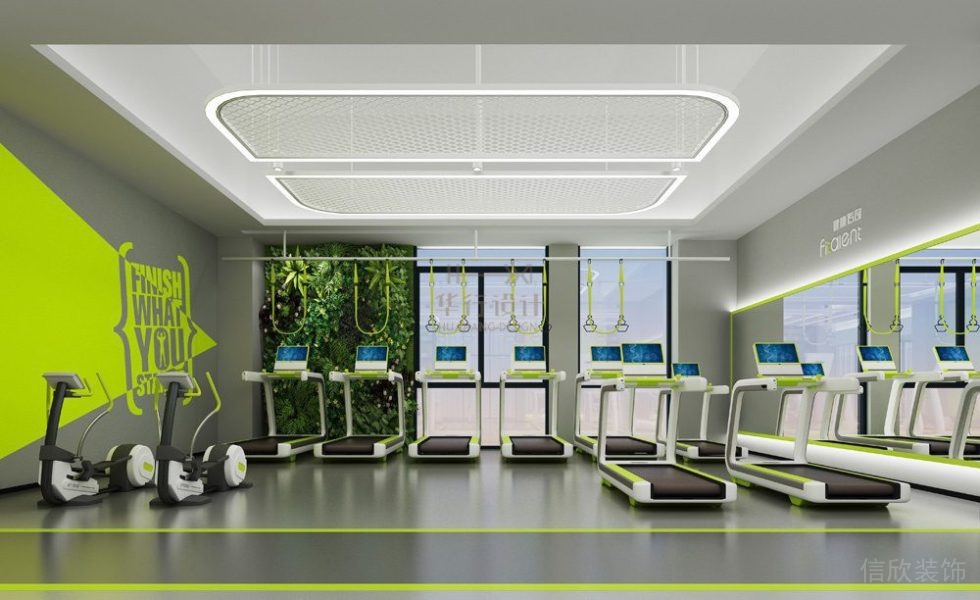 熒光綠跑步機(jī)智能有氧區(qū)直線設(shè)計(jì)簡(jiǎn)約天花金屬吊頂