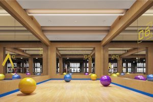 木質(zhì)智能跟練團課教室布置設(shè)計藍色線條環(huán)繞效果