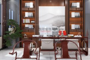 中式墻柜環(huán)形設計總裁辦公室裝修效果圖