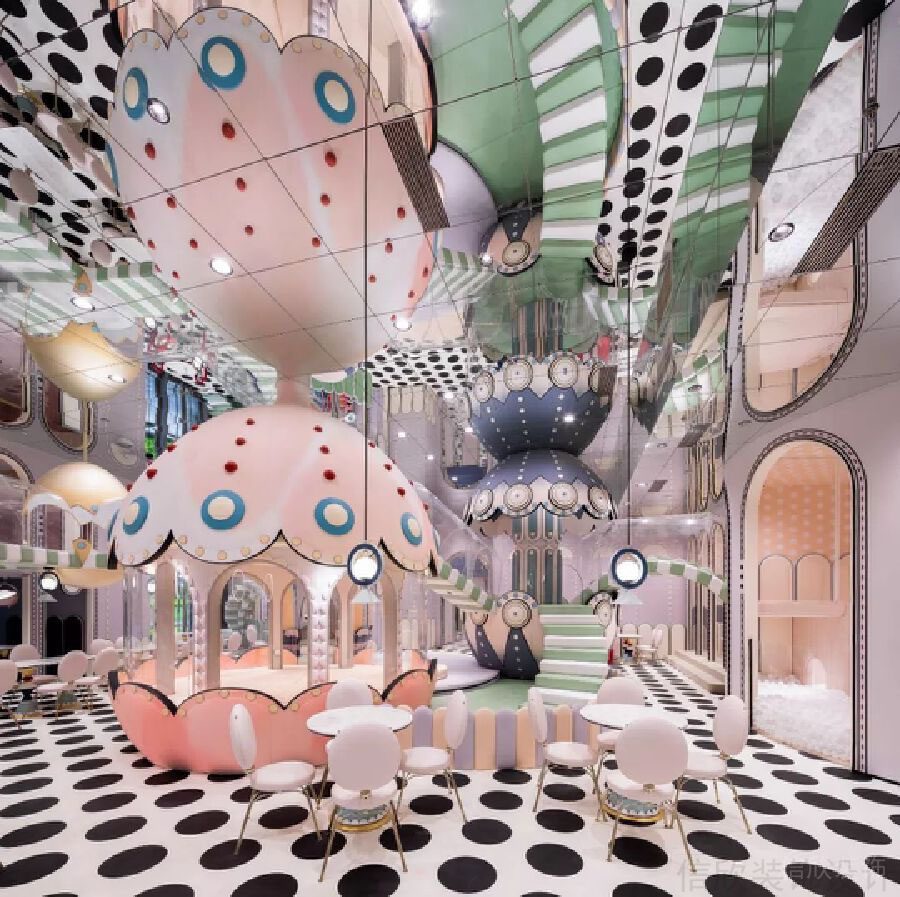 鏡面天花吊頂撥點(diǎn)創(chuàng)意設(shè)計(jì)軟包娛樂(lè)休息區(qū)