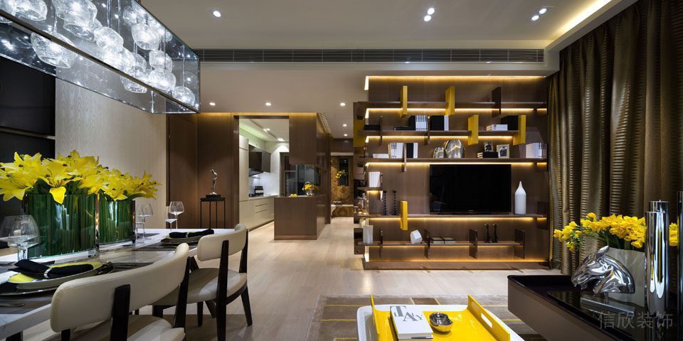 客廳過(guò)道裝修收納金色墻柜水晶吊頂天花設(shè)計(jì)中央空調(diào)效果圖