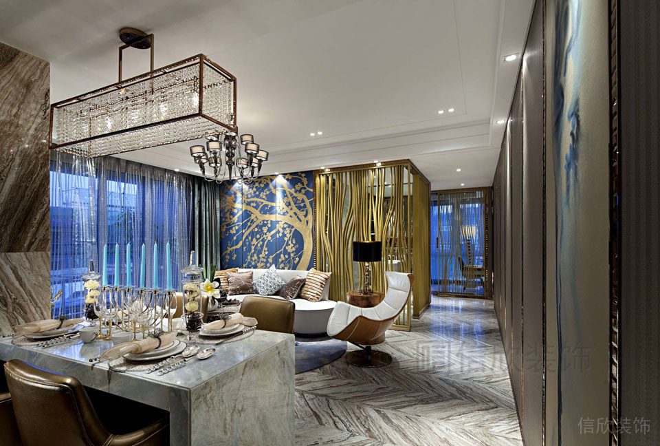 輕奢風裝修大廳效果圖就餐區(qū)大理石地板裝修藝術現(xiàn)代風效果圖
