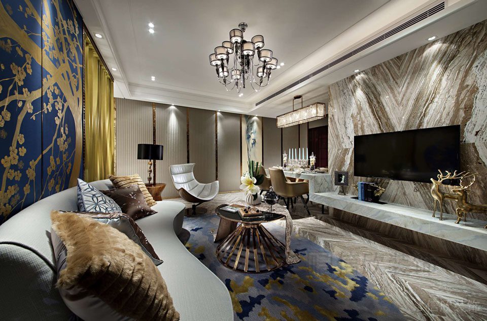 輕奢風大廳弧形沙發(fā)創(chuàng)意設計大理石墻壁地板一體式效果圖