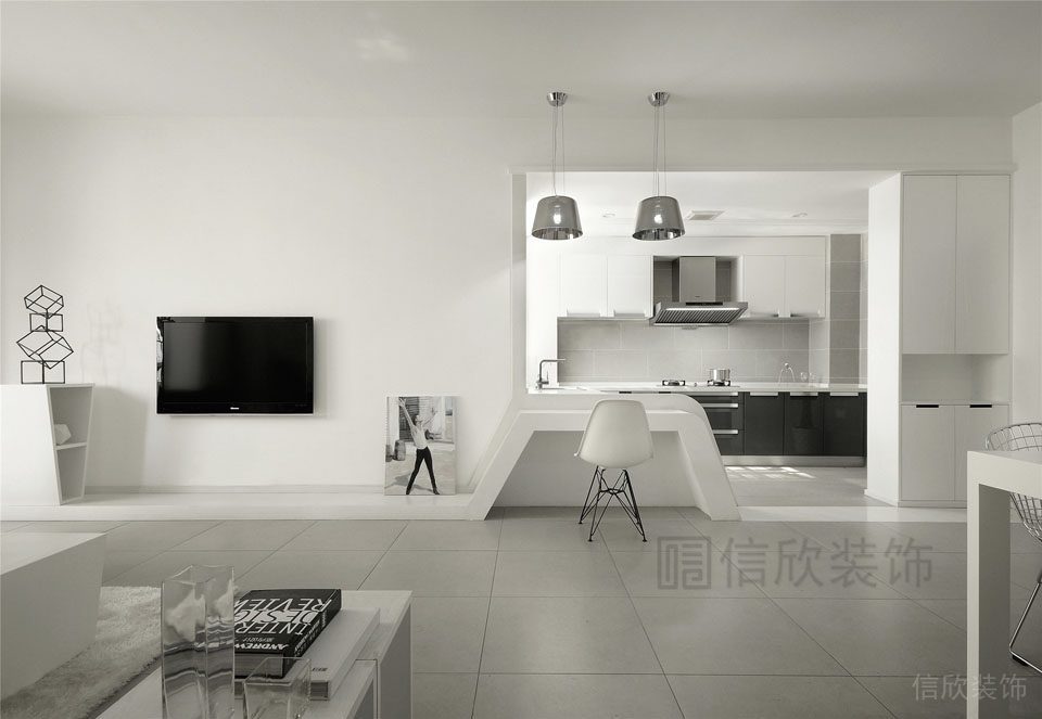 黑白色調(diào)極簡(jiǎn)風(fēng)設(shè)計(jì)線條客廳開放式一體廚房就餐區(qū)