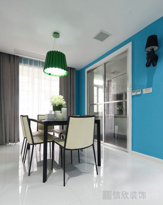現(xiàn)代就餐區(qū)家裝設計藍色墻體北歐風效果瓷磚地板