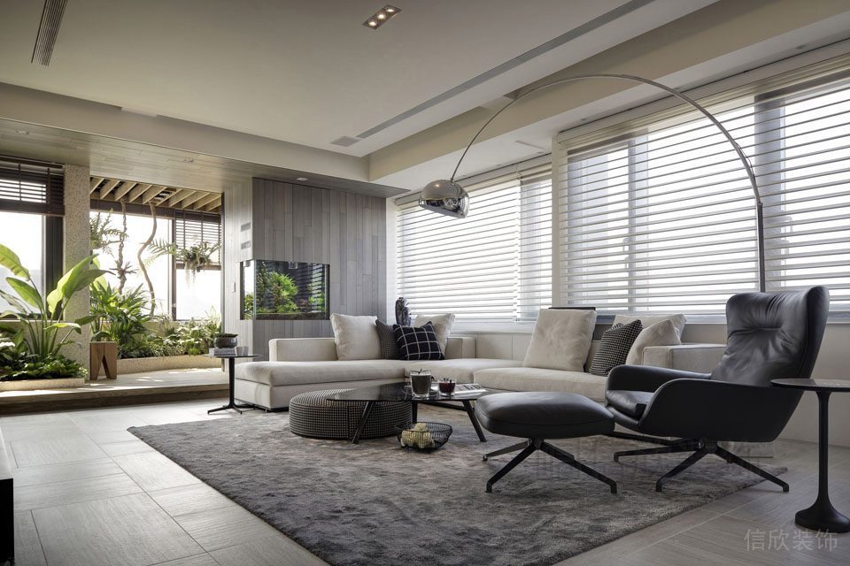 商務風沙發(fā)百葉窗金屬創(chuàng)意弧形吊頂綠色植物景觀設計房屋定制大廳