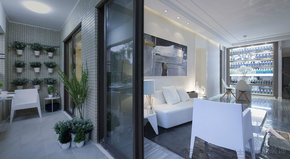 陽(yáng)臺(tái)裝修設(shè)計(jì)效果圖懸掛墻柜金屬玻璃推門客廳定制設(shè)計(jì)