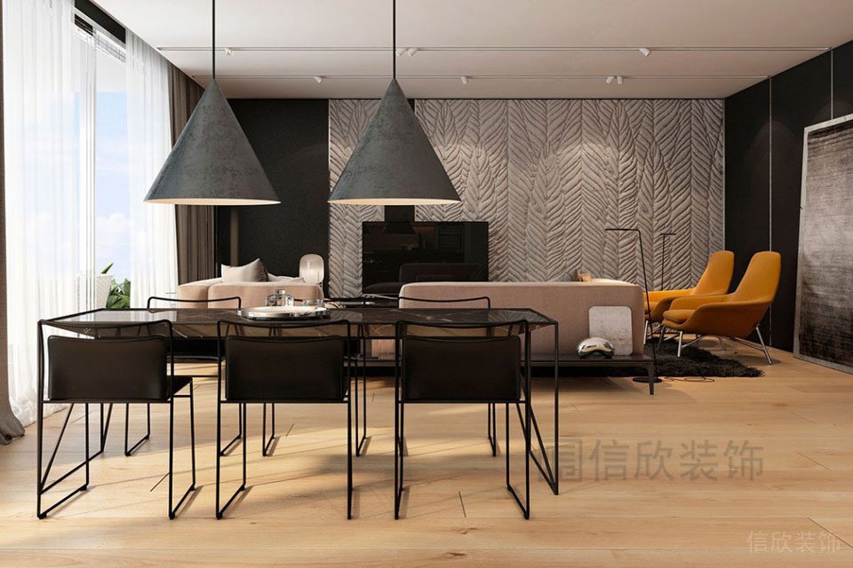 金屬就餐區(qū)裝修天花吊頂木質地板效果圖