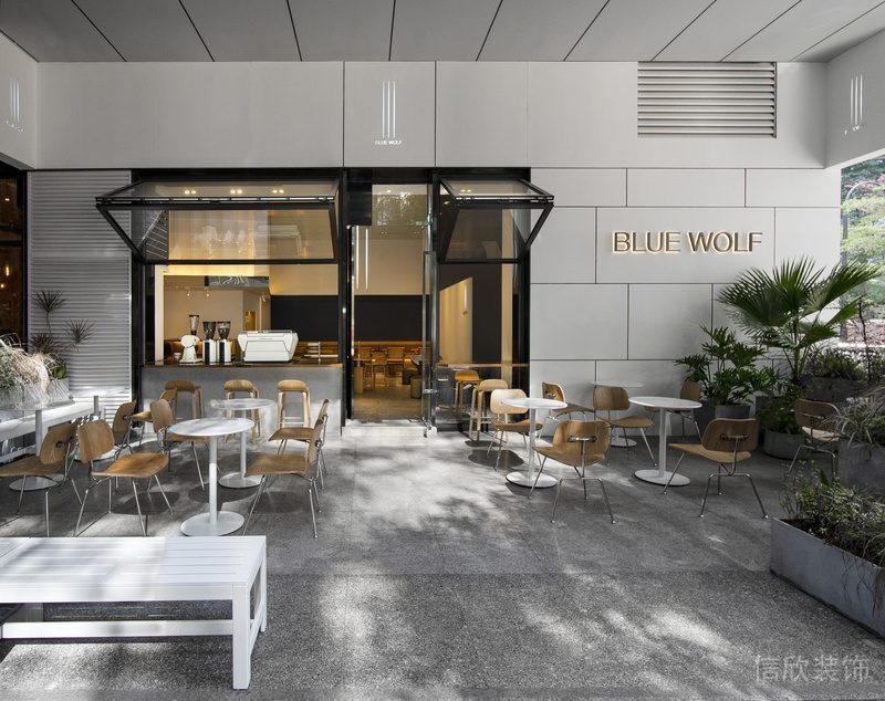 咖啡店效果圖戶外休息區(qū)木質(zhì)玻璃天花店鋪隔斷裝修設(shè)計