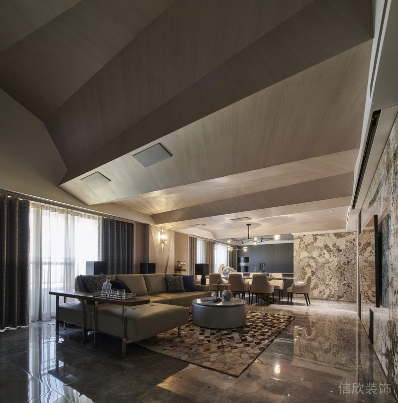 木質(zhì)客廳裝修創(chuàng)意斜坡設(shè)計天花地板大理石效果圖