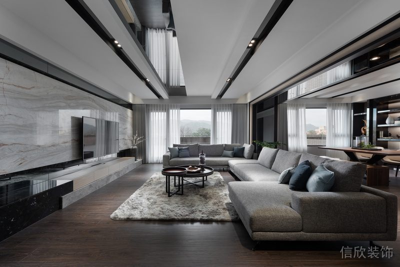 商務風黑白色調大理石墻體設計內嵌式燈帶地毯布衣沙發客廳裝修