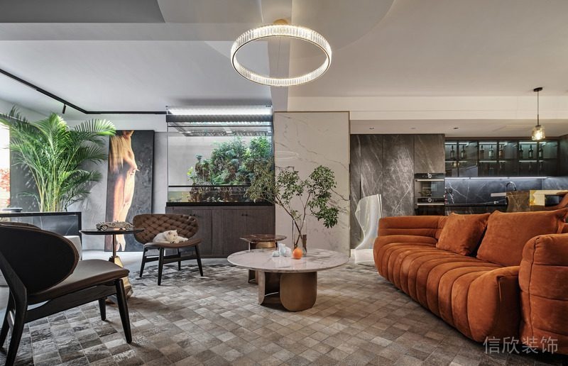 客廳開放式區域絨面布藝沙發環形天花水晶吊頂瓷磚鋪貼地板客廳效果