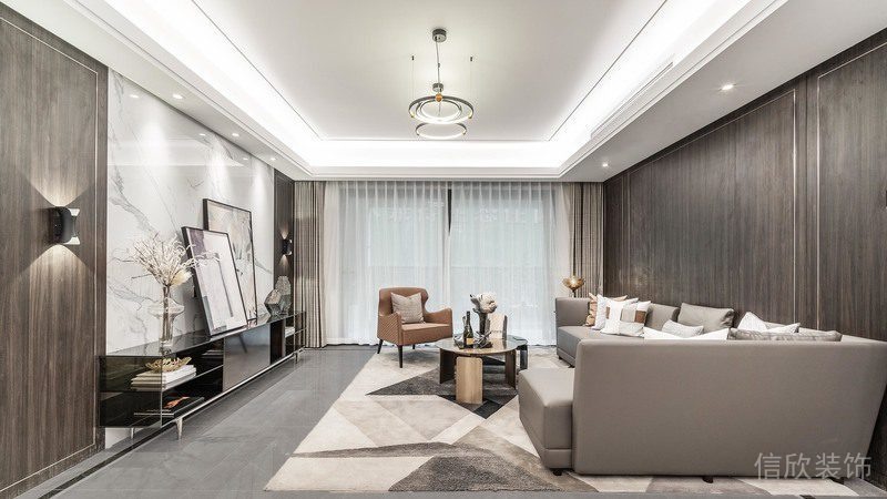 輕奢風(fēng)大理石地板沙發(fā)裝修燈飾設(shè)計客廳大廳裝修