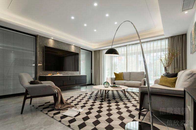 二手房改造現(xiàn)代簡約風客廳電視背景墻效果圖(2)