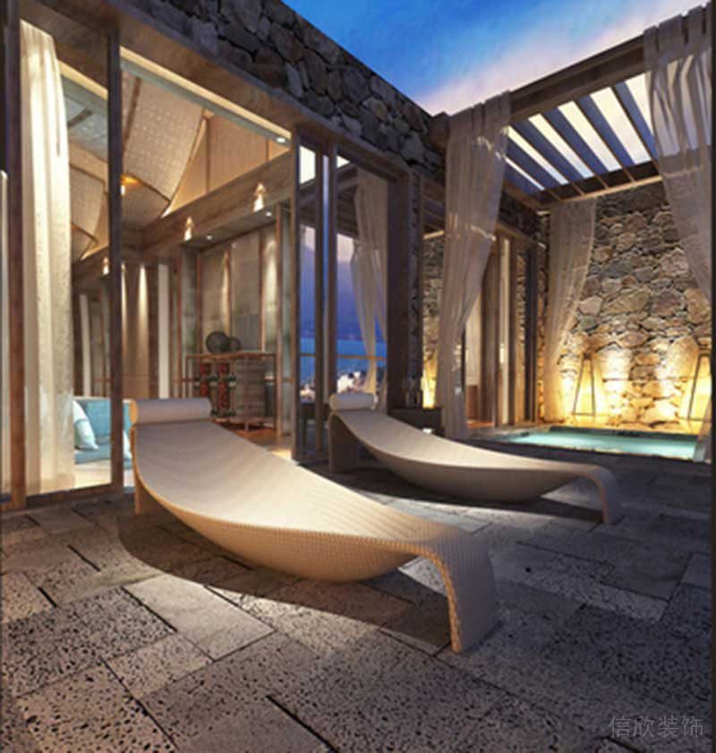 新中式風(fēng)格豪華酒店主體客房休閑露臺