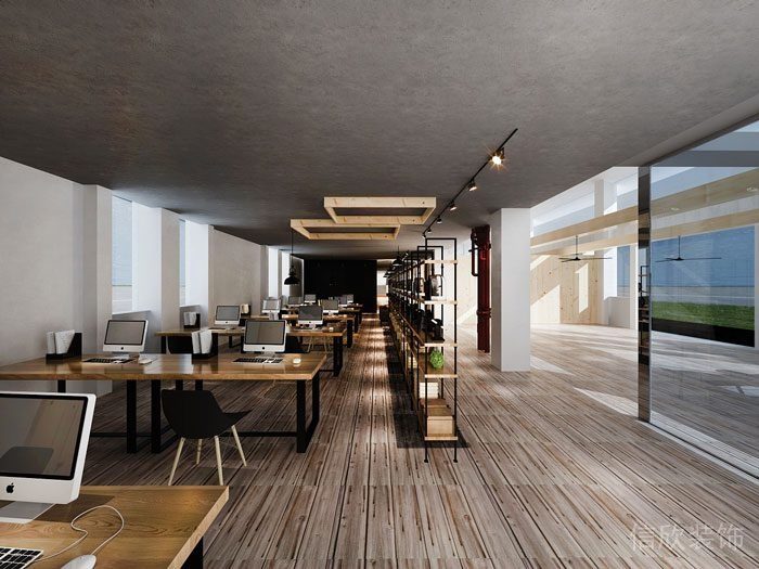 平頂天花灰色墻體裝修效果員工開(kāi)發(fā)區(qū)域玻璃隔斷裝修辦公室