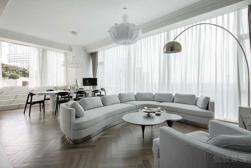簡約風極簡風白色弧線沙發(fā)設計木質(zhì)地板客廳