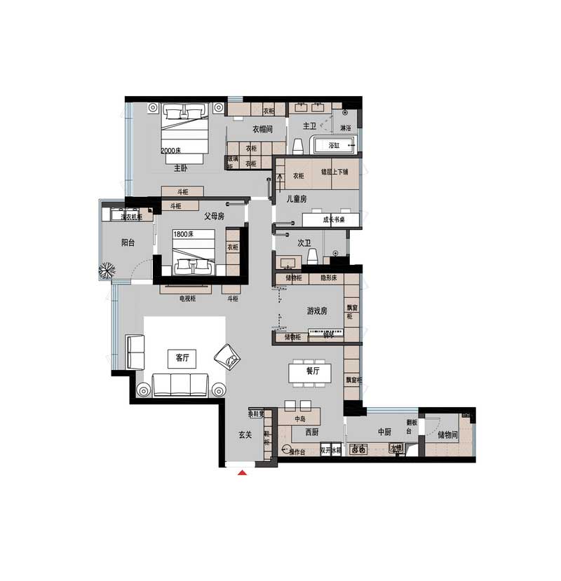 最終定稿平面布置圖,1.在玄關(guān)處增加鞋柜的功能,同時(shí)做隔斷,圍合式玄關(guān),化解進(jìn)門(mén)正對(duì)主臥門(mén)的問(wèn)題。2.保留儲(chǔ)物間,將原生活陽(yáng)臺(tái)擴(kuò)大作為中廚功能,將原廚房改造為帶中島臺(tái)的西廚,將廚房功能進(jìn)行劃分。3.靠近餐廳的房間在設(shè)計(jì)師的建議下做成目前的游戲房,活動(dòng)室和臨時(shí)客房使用,將動(dòng)靜區(qū)劃分。4.主臥在保證主衛(wèi)的舒適尺度下擴(kuò)大衣帽間的區(qū)域,衣帽間共做三排大衣柜,大大增加收納空間。同時(shí)各個(gè)房間的儲(chǔ)物空間也逐步增加,但在公共區(qū)域部分做了適當(dāng)?shù)膬?chǔ)物后還是以舒適休閑家庭聚會(huì)為主沒(méi)有處處都堆滿(mǎn)儲(chǔ)物柜造成擁擠的視覺(jué)感。 最終定稿平面布置圖,1.在玄關(guān)處增加鞋柜的功能,同時(shí)做隔斷,圍合式玄關(guān),化解進(jìn)門(mén)正對(duì)主臥門(mén)的問(wèn)題。2.保留儲(chǔ)物間,將原生活陽(yáng)臺(tái)擴(kuò)大作為中廚功能,將原廚房改造為帶中島臺(tái)的西廚,將廚房功能進(jìn)行劃分。3.靠近餐廳的房間在設(shè)計(jì)師的建議下做成目前的游戲房,活動(dòng)室和臨時(shí)客房使用,將動(dòng)靜區(qū)劃分。4.主臥在保證主衛(wèi)的舒適尺度下擴(kuò)大衣帽間的區(qū)域,衣帽間共做三排大衣柜,大大增加收納空間。同時(shí)各個(gè)房間的儲(chǔ)物空間也逐步增加,但在公共區(qū)域部分做了適當(dāng)?shù)膬?chǔ)物后還是以舒適休閑家庭聚會(huì)為主沒(méi)有處處都堆滿(mǎn)儲(chǔ)物柜造成擁擠的視覺(jué)感。