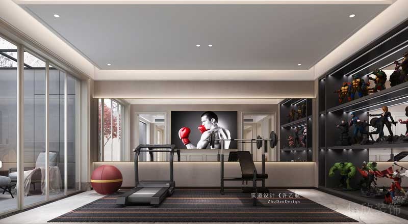 健身房在滿足男主人健身需求的同時(shí)，通過一面手辦墻的形式，表現(xiàn)出了男主人的愛好；健身房外的觀景庭又與干景相連，偶爾坐在沙發(fā)上觀景，意境十足。