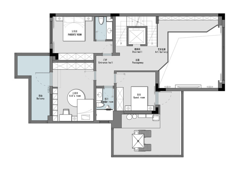 深圳南山區(qū)西麗簡約風(fēng)格別墅裝修二層平面布置圖