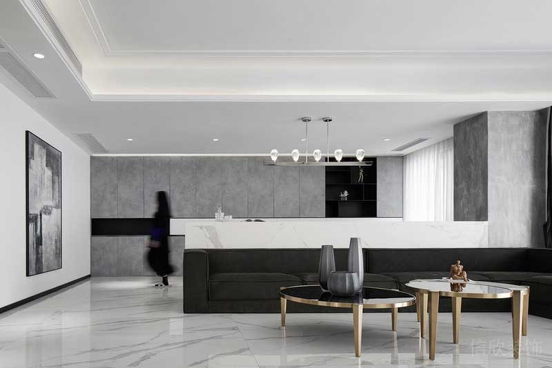 黑白色調(diào)現(xiàn)代簡約家居設計燈飾裝修效果圖客廳休息區(qū)大理石地板
