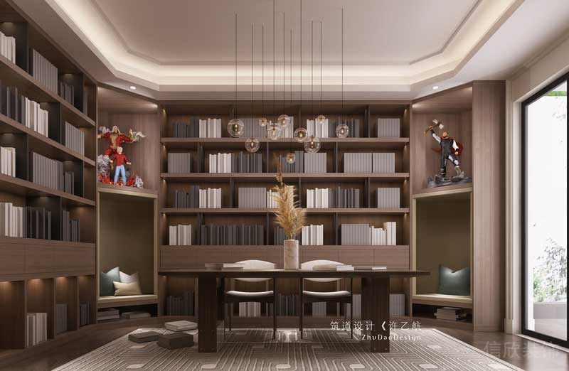三樓作為男、女主人的獨(dú)立空間書房必不可少，同樣為了滿足男主人的愛好，將書柜與展示柜結(jié)合，使空間不那么嚴(yán)肅。