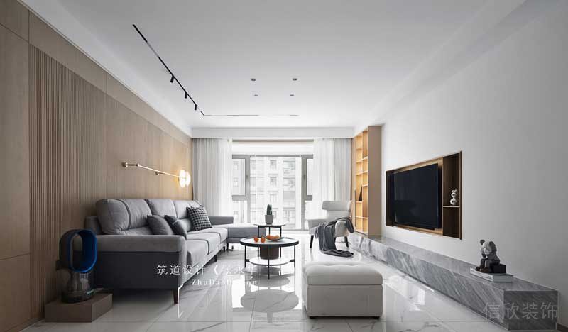 灰色色調(diào)客廳裝修幾何線條光影利用休息區(qū)大理石墻柜直線設計圖