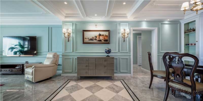薄荷綠石膏線藝術法式墻體創意設計大理石地板菱形圖案裝修效果圖大廳