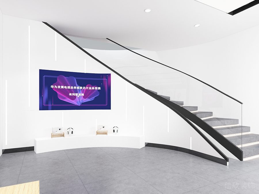 深圳南山萬象天地現(xiàn)代風格華為專賣店裝修設(shè)計電視墻和樓梯