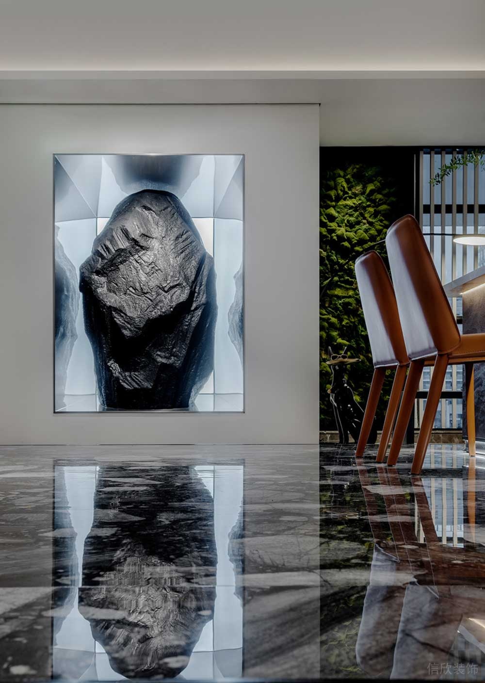 黑色奇石內(nèi)嵌式玻璃展示區(qū)設計大理石地板辦公室會議室裝修