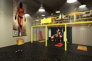 拳擊俱樂部休息區金屬地板裝修效果圖工業風現代天花創意吊頂健身房