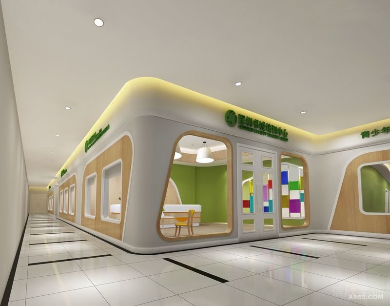 兒童培訓機構(gòu)裝修木質(zhì)墻體玻璃隔斷教室大理石黑白色調(diào)瓷磚鋪貼設計