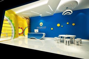 阿童木機器人教育機構裝修設計藍色墻體創意設計黃色波點簡約休息區裝修