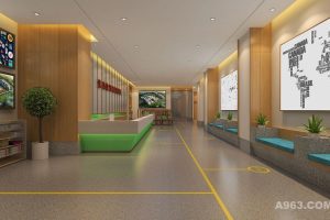 原木風直線黃色指引創意設計臺區培訓機構裝修效果圖