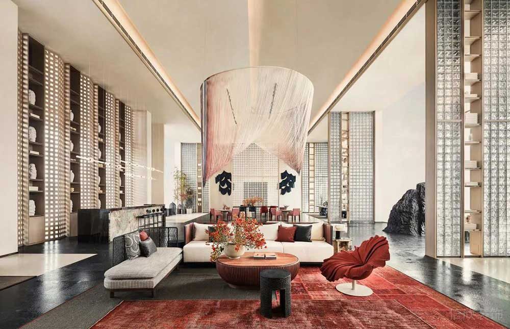 輕奢新中式商務(wù)辦公空間接待大堂裝修圖