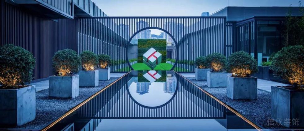 現代中式辦公室室外庭院水景裝修圖