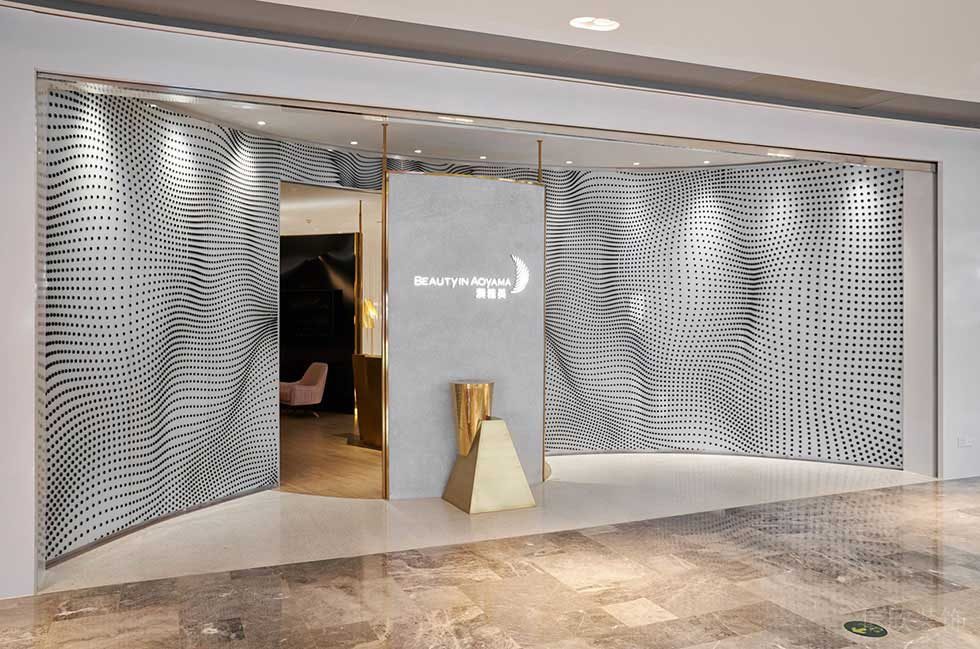 波點墻體設(shè)計效果圖大理石地板裝修辦公室前臺區(qū)過道效果金色墻體裝修