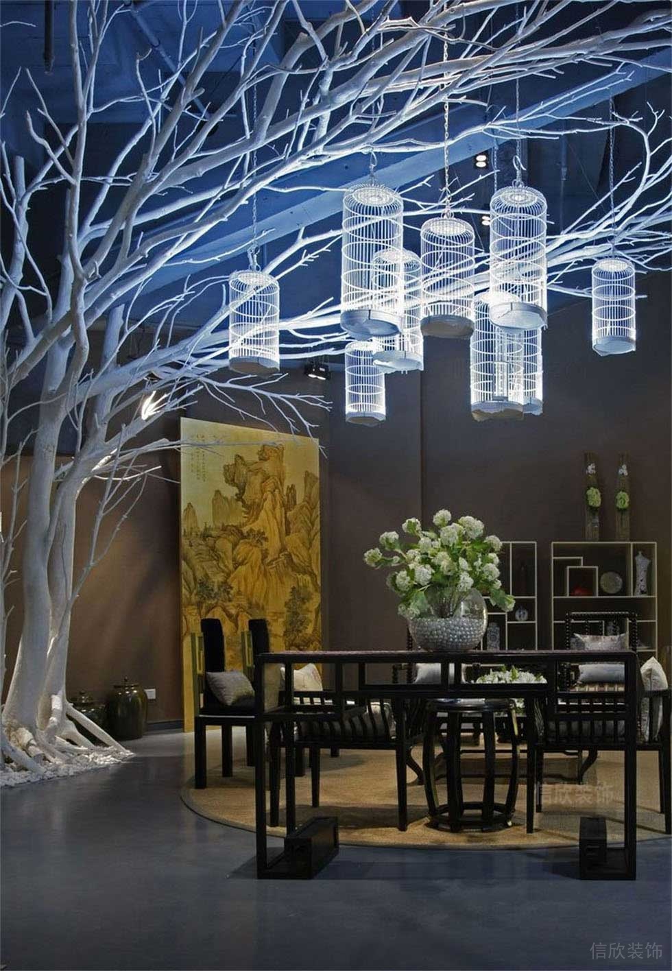 天花創(chuàng)意樹木設(shè)計(jì)鳥籠創(chuàng)意吊頂新中式家居辦公室洽談室過道環(huán)形區(qū)域設(shè)計(jì)圖