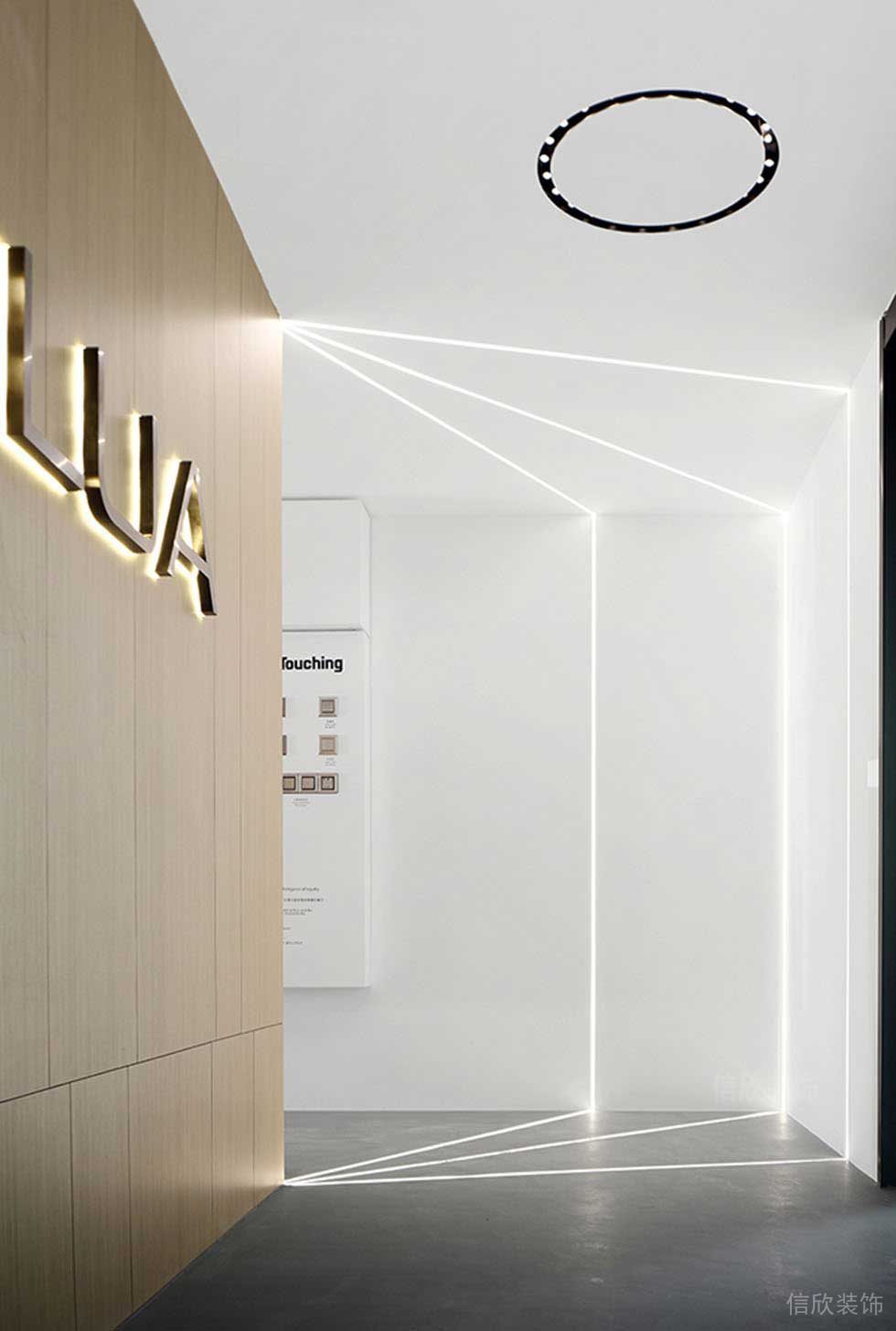 燈飾設(shè)計(jì)墻體放射式圓形鏤空天花吸頂燈木質(zhì)辦公室裝修