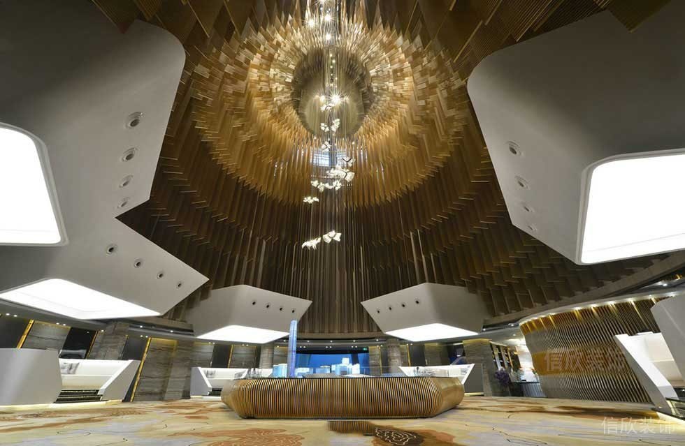 水晶天花吊頂金色天花設(shè)計圖大理石地板辦公室大廳前臺區(qū)效果