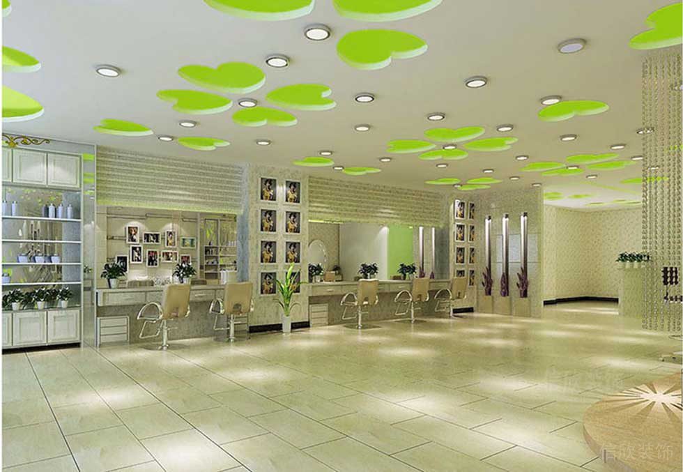 綠色四葉草天花創(chuàng)意吊頂設(shè)計綠色圖案發(fā)廊裝修發(fā)型設(shè)計店鋪裝修