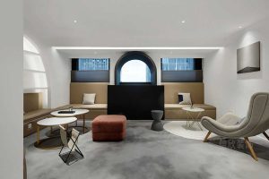 總裁辦公室裝修現(xiàn)代簡(jiǎn)約風(fēng)效果圖拱形黑色休息區(qū)對(duì)稱(chēng)式待客區(qū)裝修