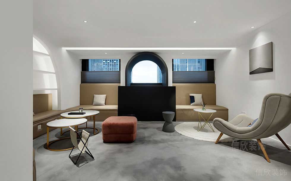 總裁辦公室裝修現(xiàn)代簡(jiǎn)約風(fēng)效果圖拱形黑色休息區(qū)對(duì)稱式待客區(qū)裝修
